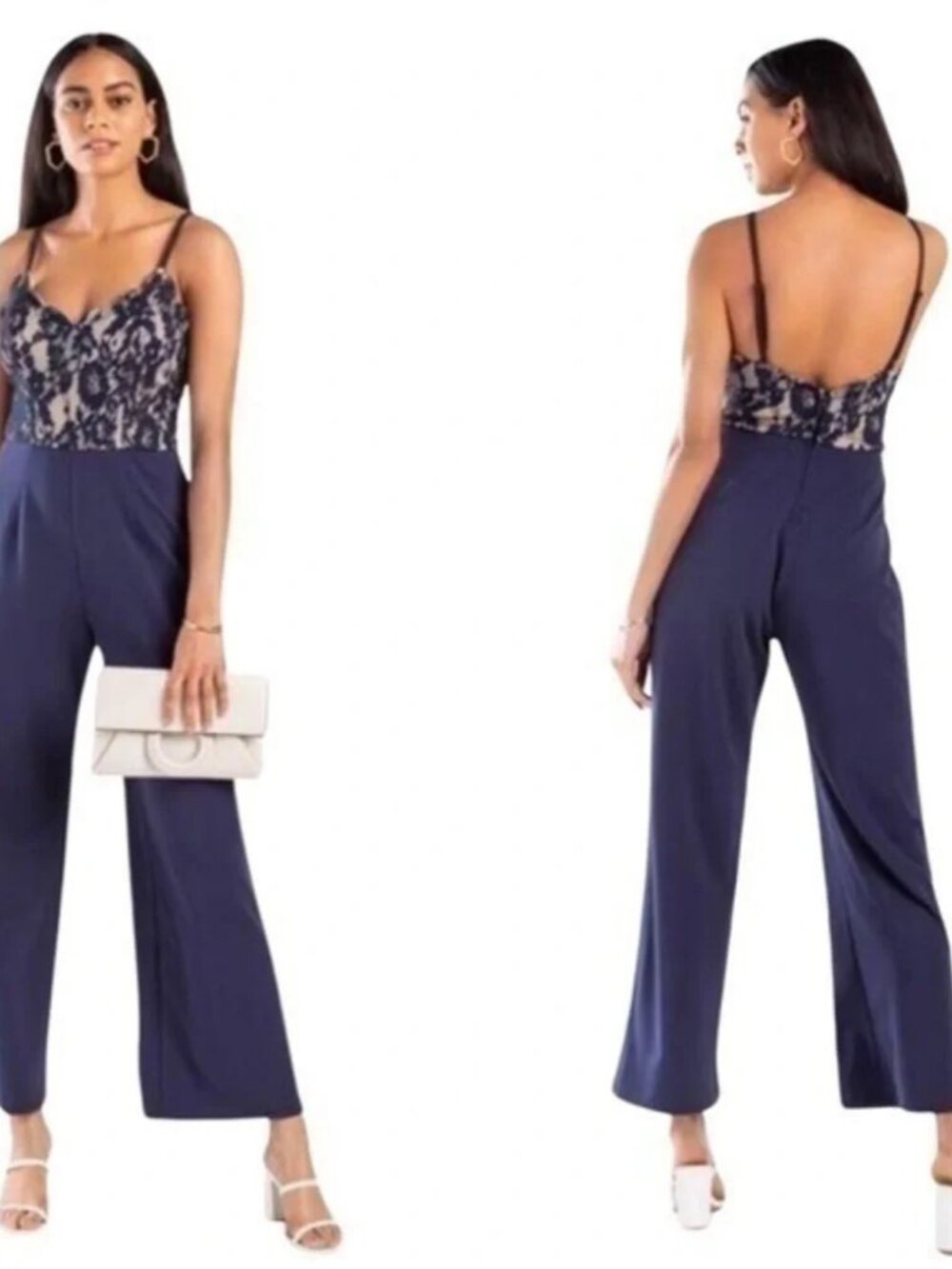 NWT Francesca’s Mi Amor Jean navy lace jumpsuit - Picture 2 of 4